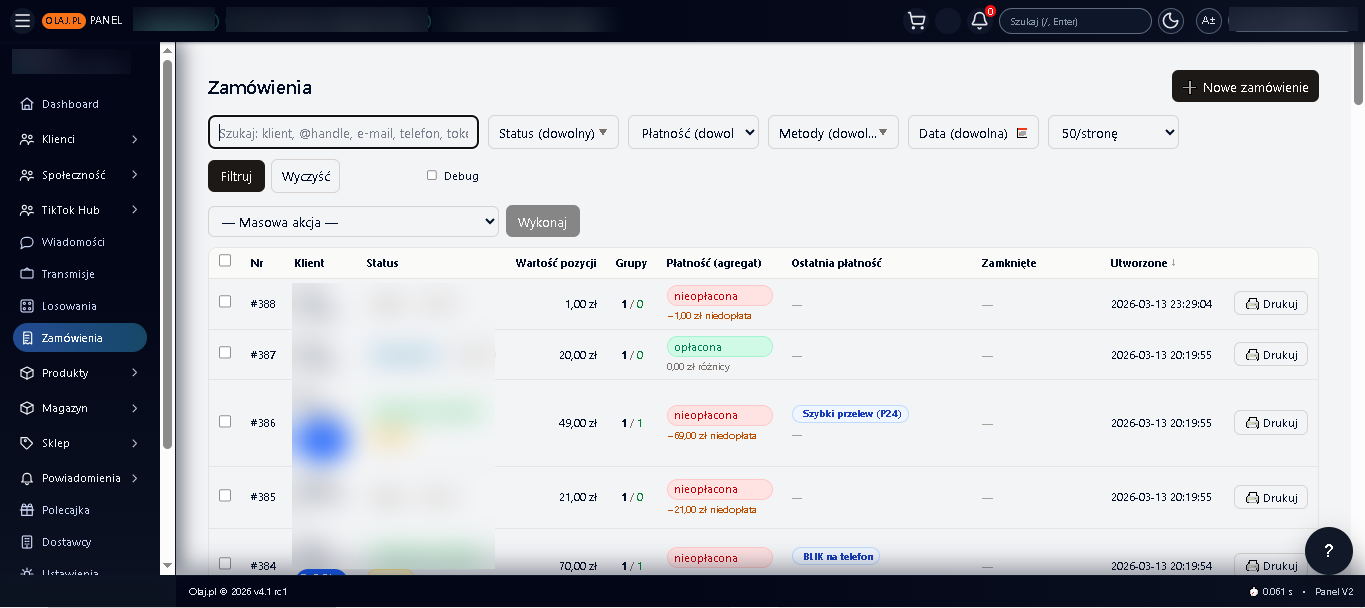 Widok listy zamówień w Olaj.pl
